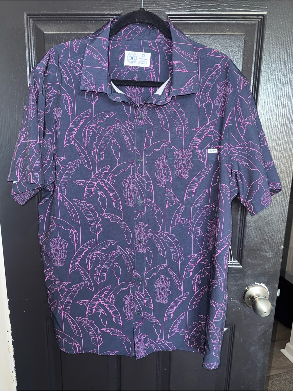 Hurley Short Sleeve Button-Down Shirt in Dark Purple with Pink Leaf Outline